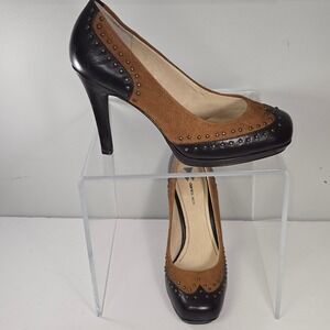 Dani Black Brown Leather Suede Studded Platform Pumps Heels Vero Cuoio 8M